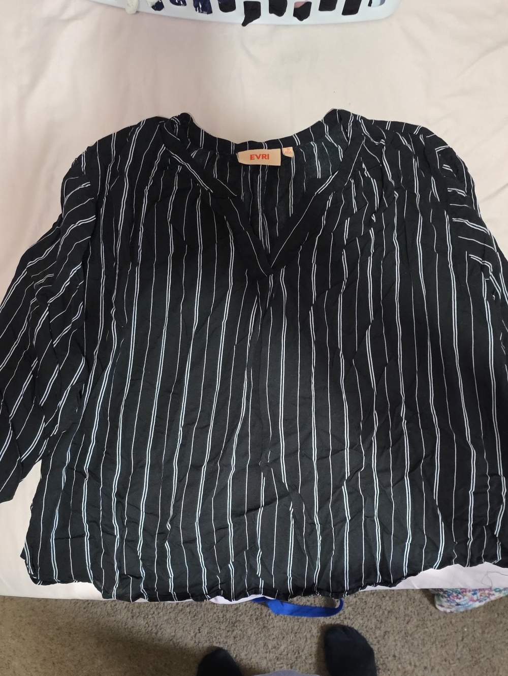 EVRI Black Vertical-Stripe V-Neck Blouse